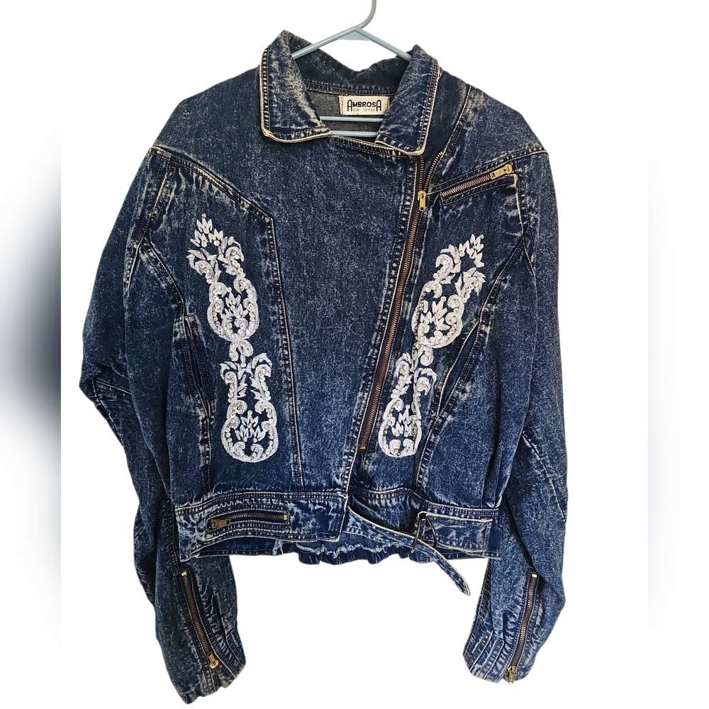 Ambrosa Vintage Embroidered Sequins Acid Wash Denim Jean Jacket w Shoulder Pads